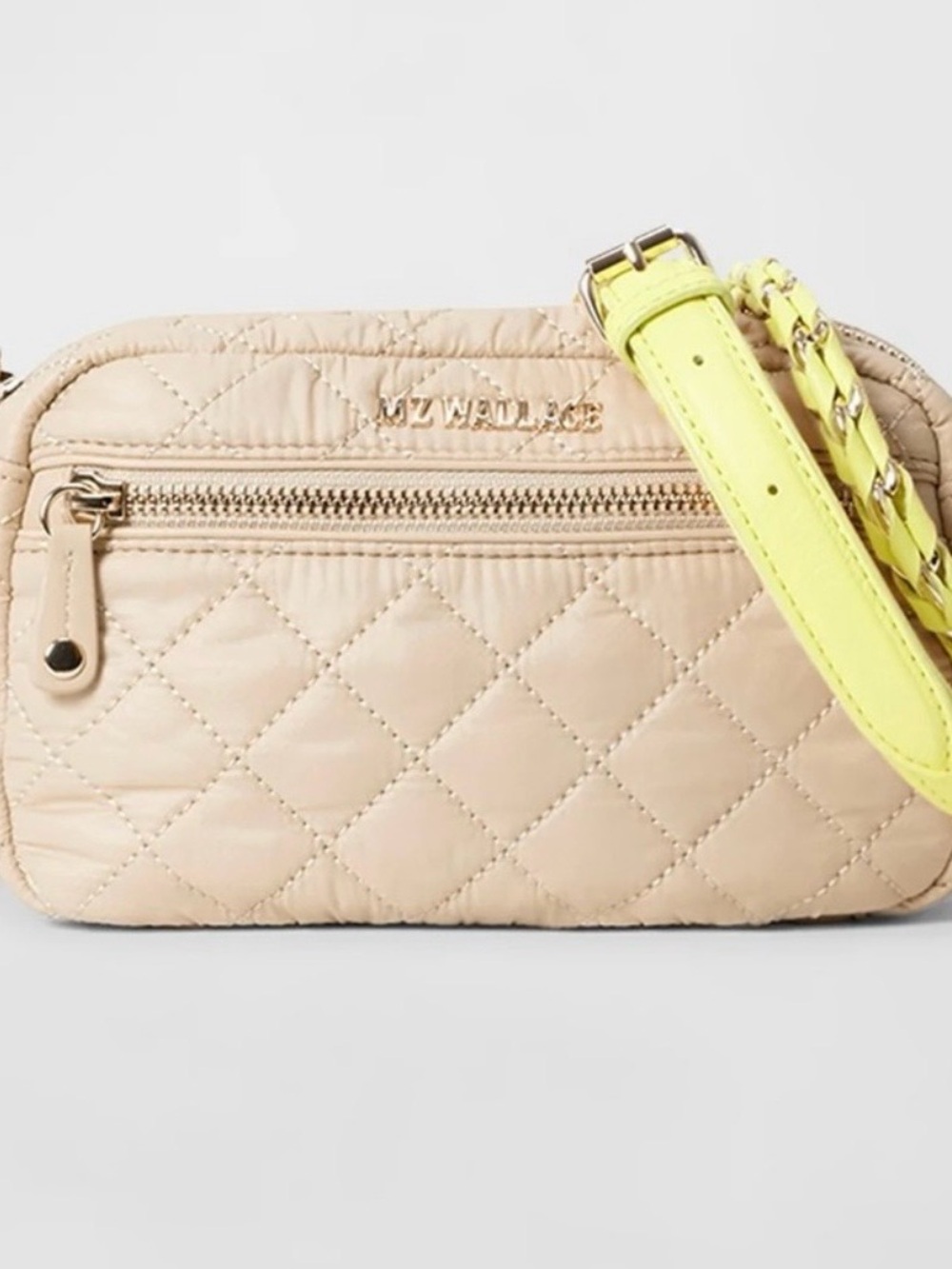 MZ Wallace Quilted Crosby Crossbody in Buff with neon yellow shoulder strap